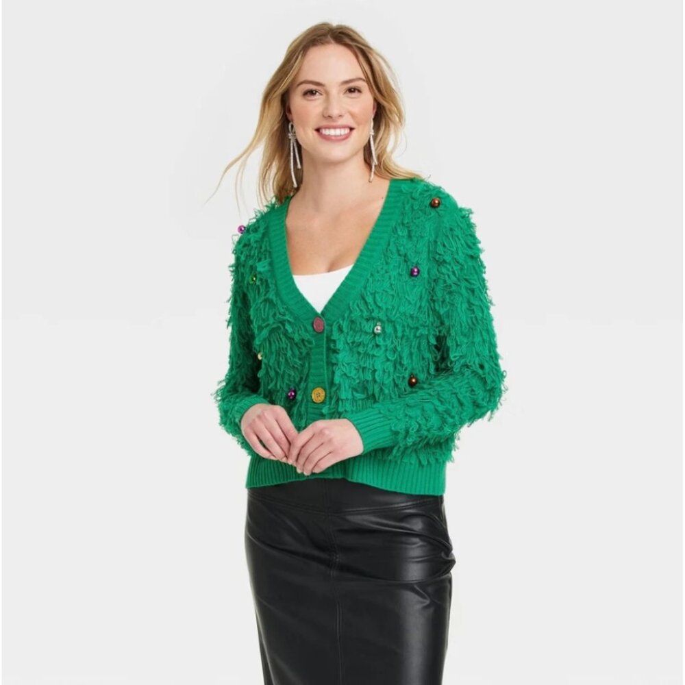33 Degrees Women's Small Green Loop Christmas Festive Graphic Cardigan Sweater